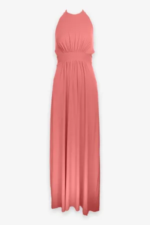 High Neck Low Back Halter Maxi Dress in Fire Coral