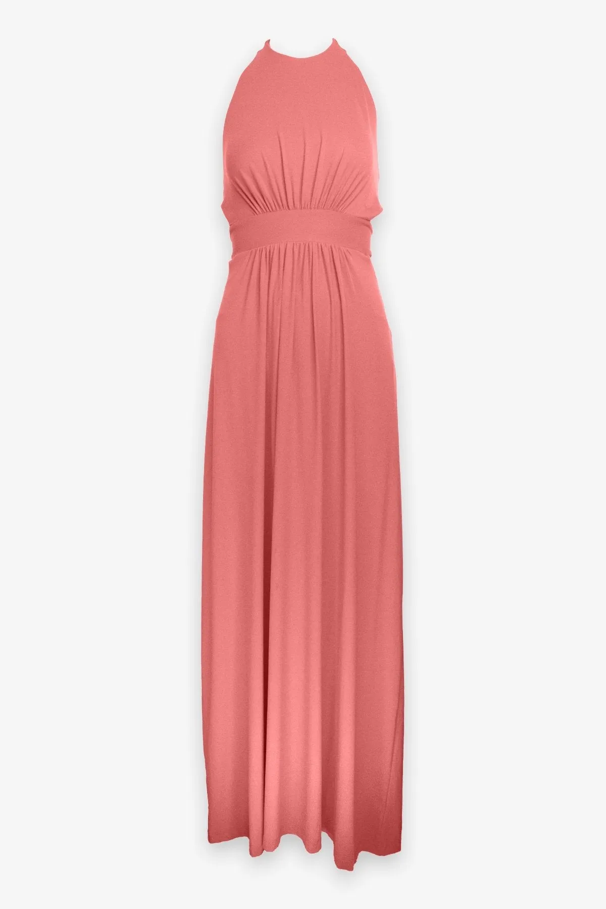 High Neck Low Back Halter Maxi Dress in Fire Coral