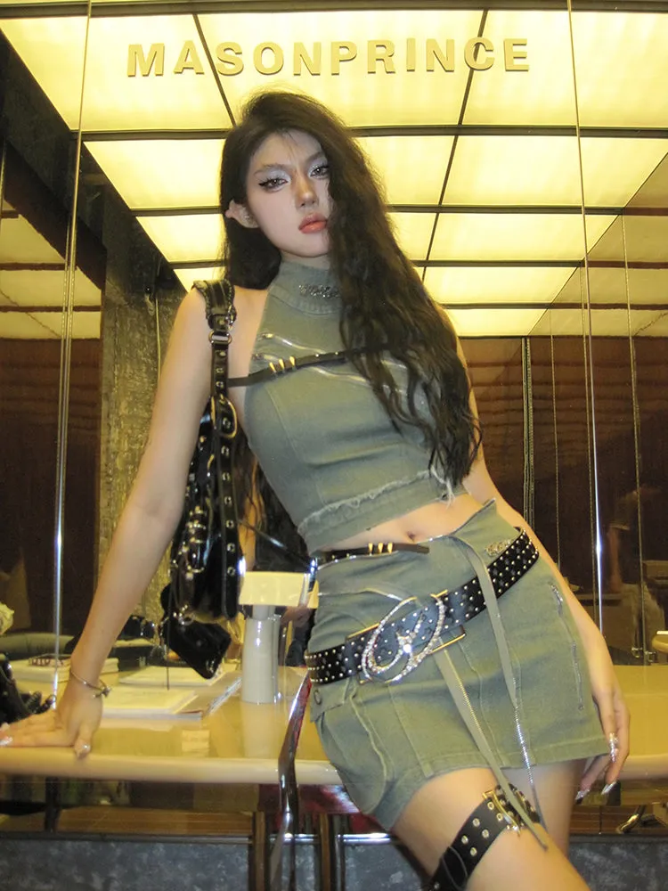 Jannet Solid Color Denim Halter Neck Sleeveless Cropped Top   Multi Zipper Patchwork Waist Belt Mini Denim Skirt Matcxhing Set