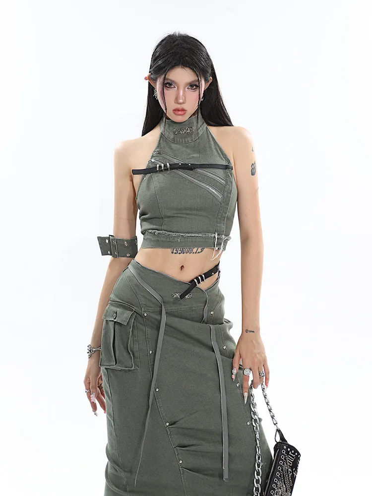 Jannet Solid Color Denim Halter Neck Sleeveless Cropped Top   Multi Zipper Patchwork Waist Belt Mini Denim Skirt Matcxhing Set