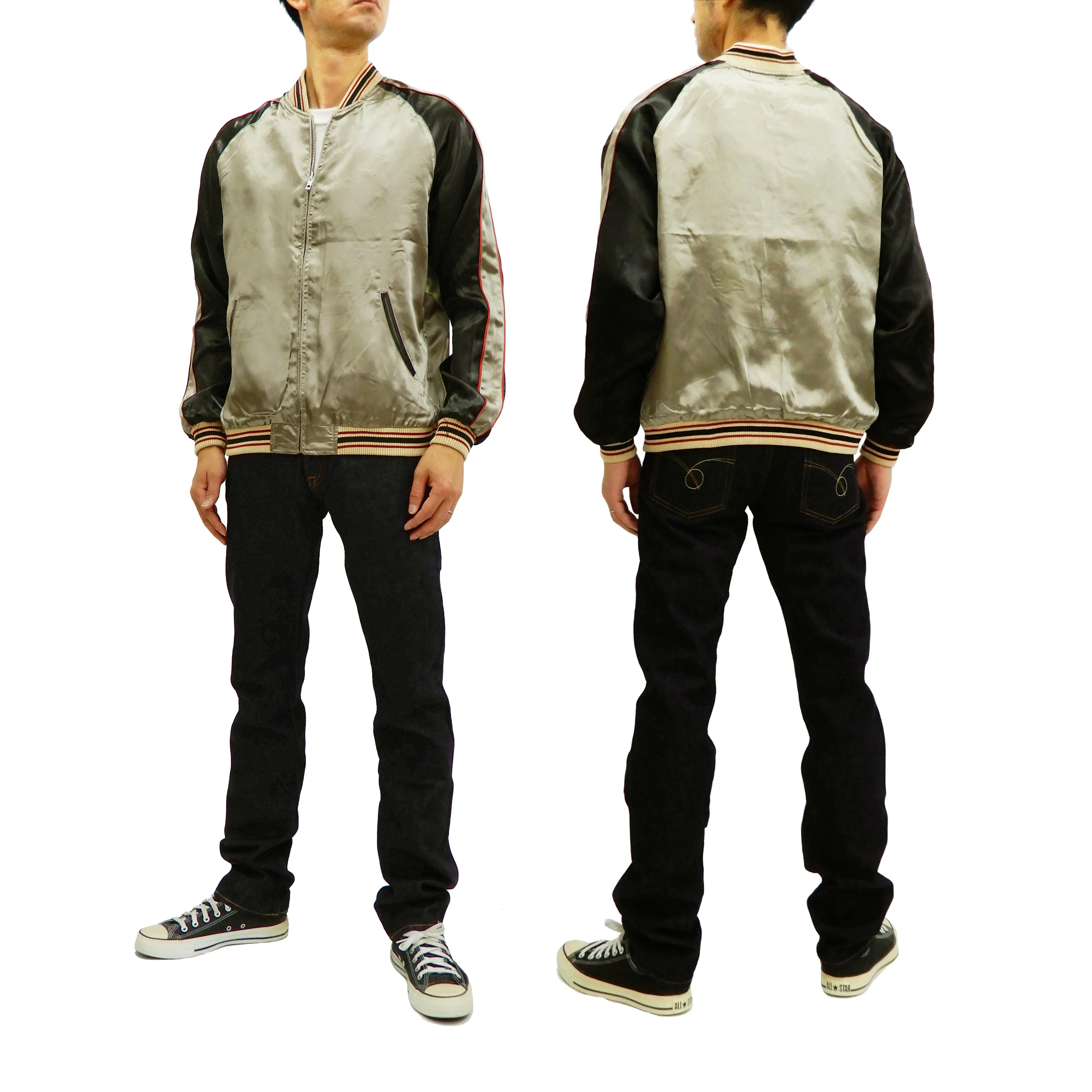 Japanesque Mens Japanese Souvenir Jacket Goldfish Bowl Sukajan 3RSJ-045 Beige/Black