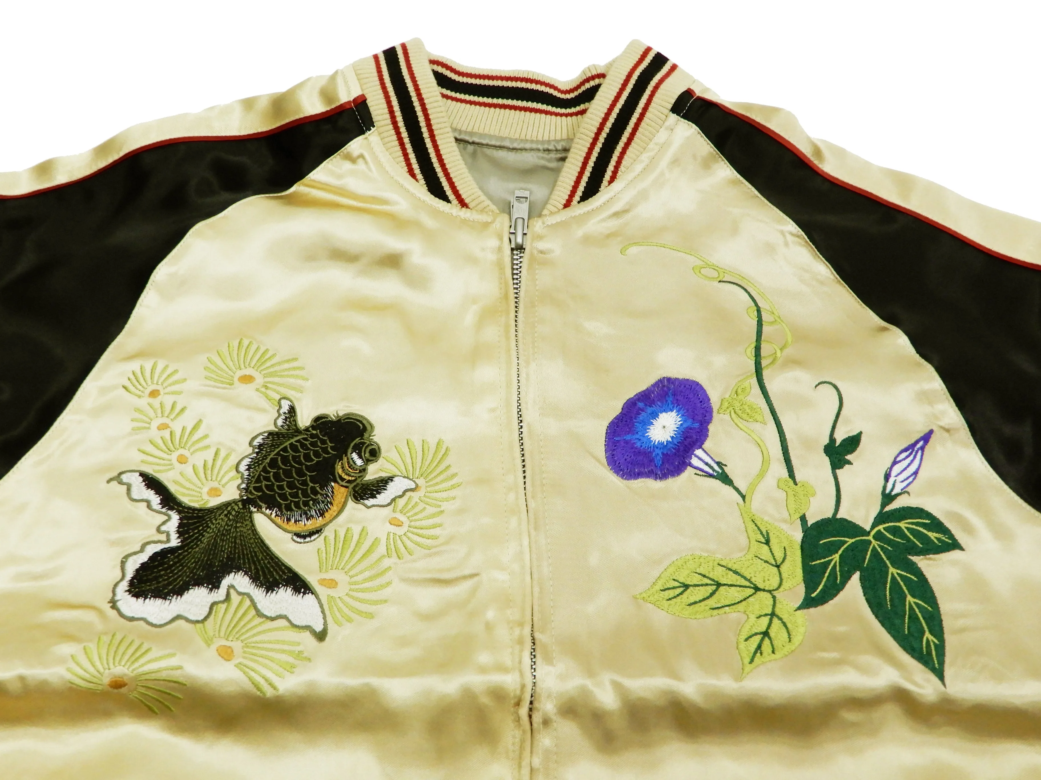 Japanesque Mens Japanese Souvenir Jacket Goldfish Bowl Sukajan 3RSJ-045 Beige/Black
