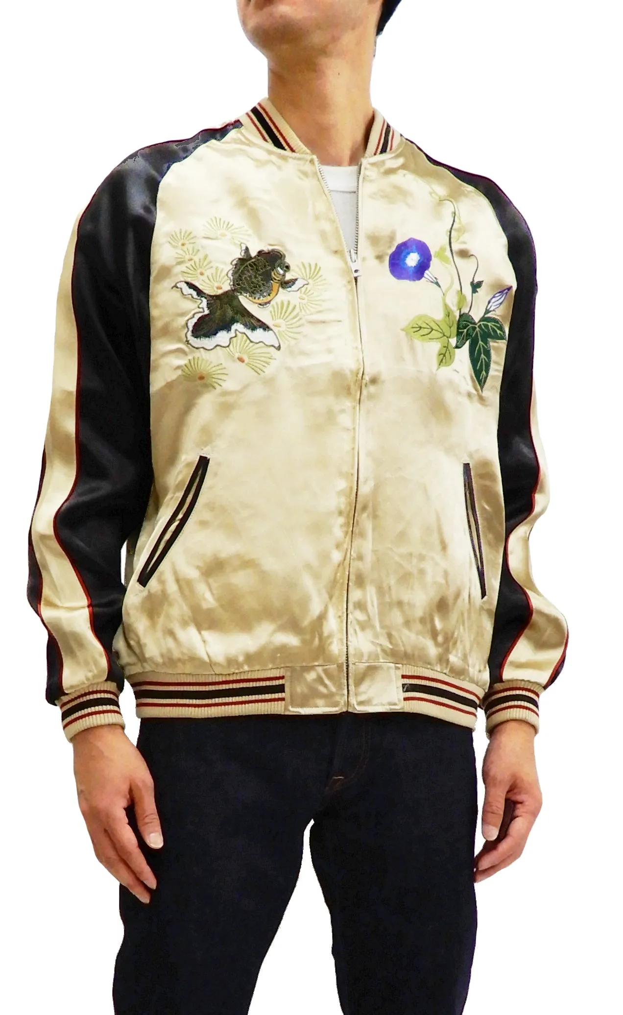 Japanesque Mens Japanese Souvenir Jacket Goldfish Bowl Sukajan 3RSJ-045 Beige/Black