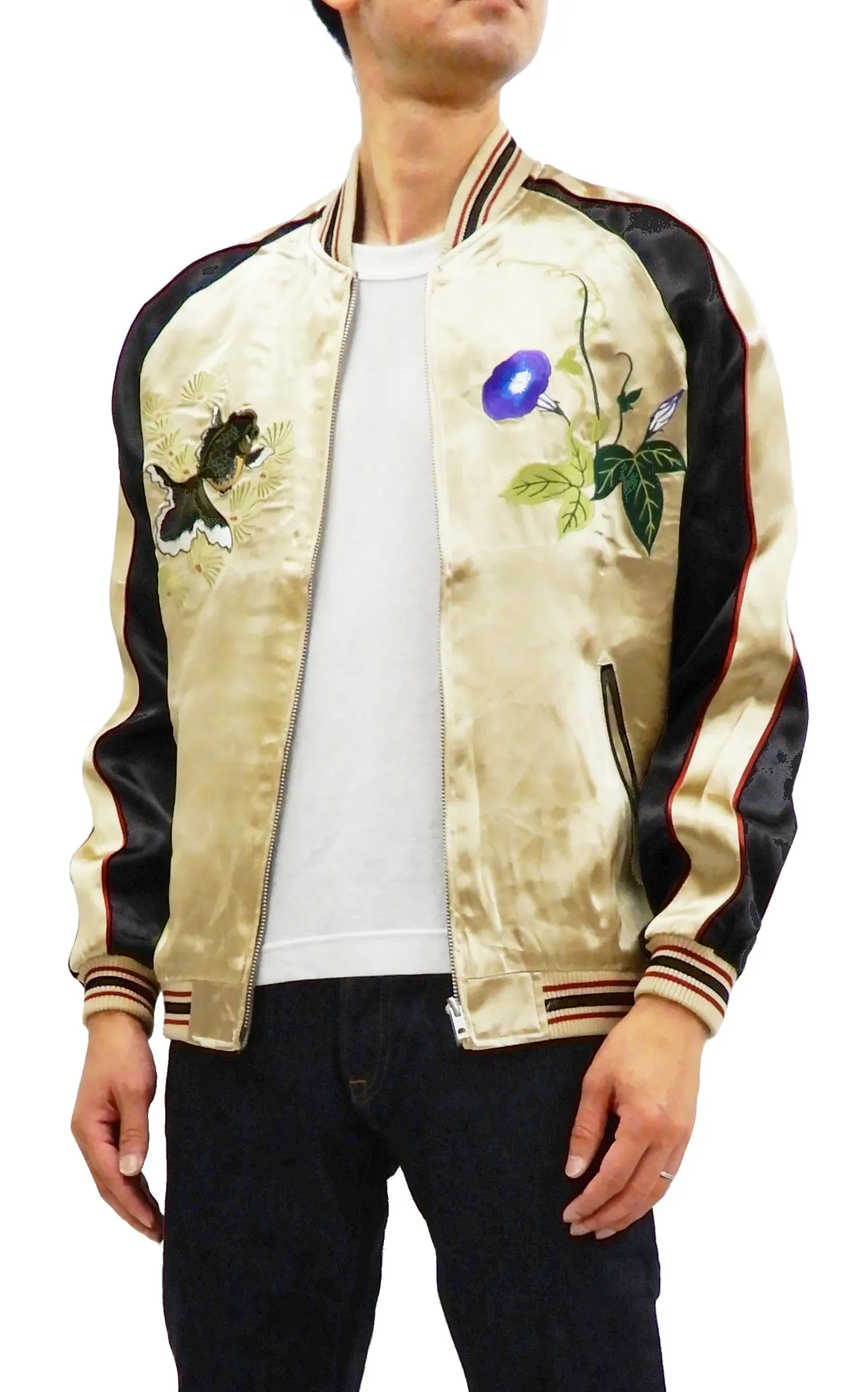 Japanesque Mens Japanese Souvenir Jacket Goldfish Bowl Sukajan 3RSJ-045 Beige/Black