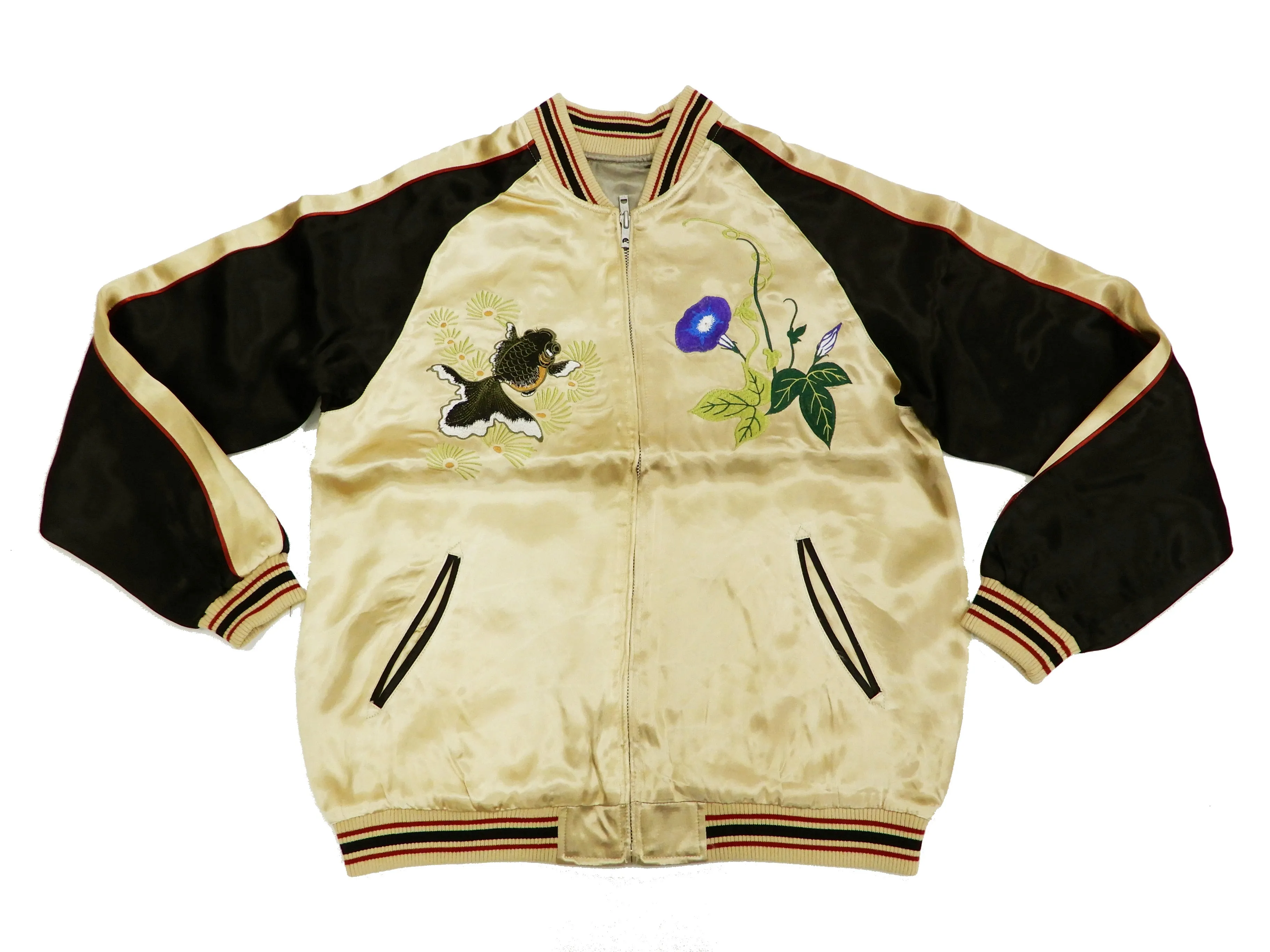 Japanesque Mens Japanese Souvenir Jacket Goldfish Bowl Sukajan 3RSJ-045 Beige/Black