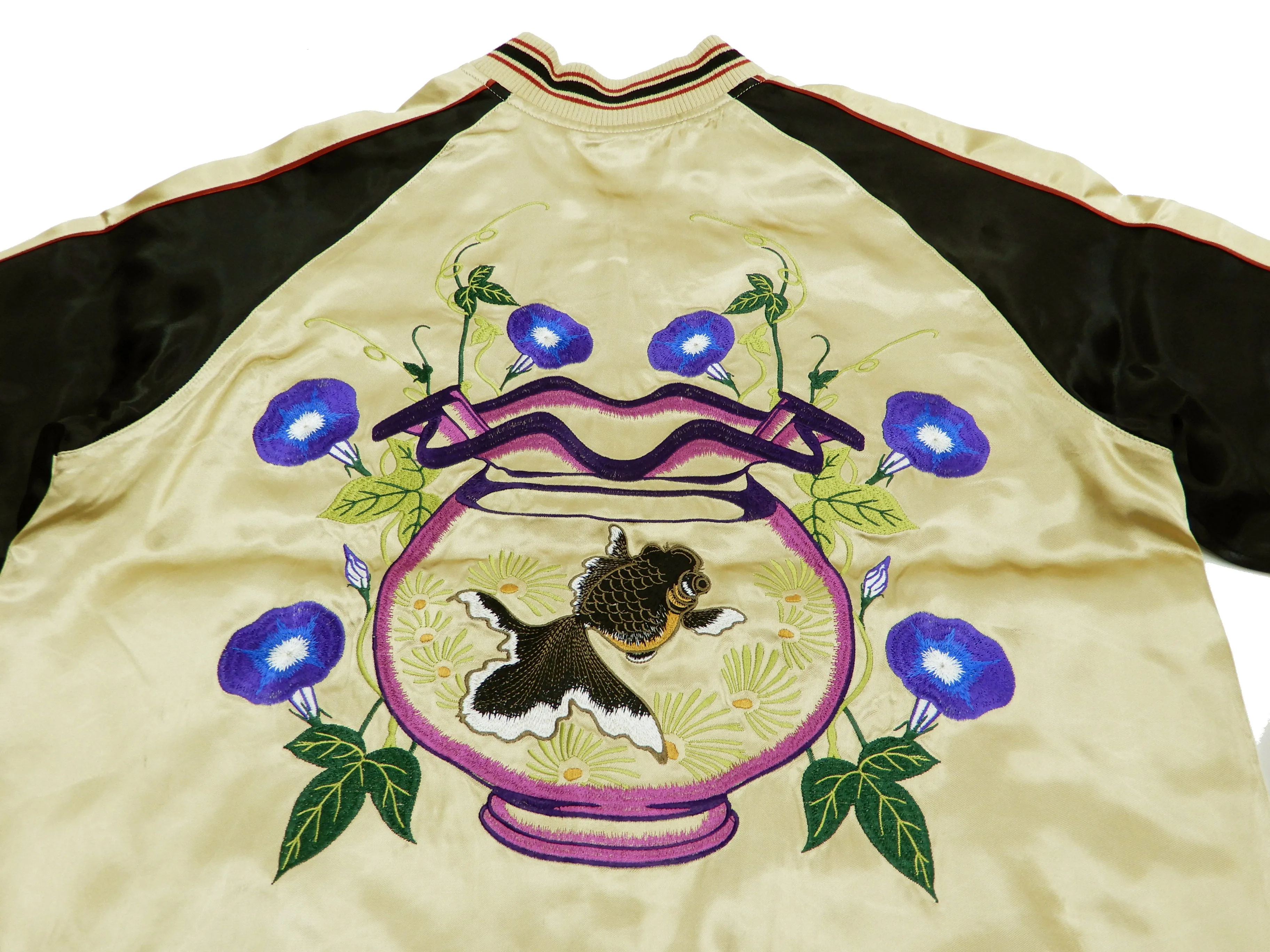 Japanesque Mens Japanese Souvenir Jacket Goldfish Bowl Sukajan 3RSJ-045 Beige/Black