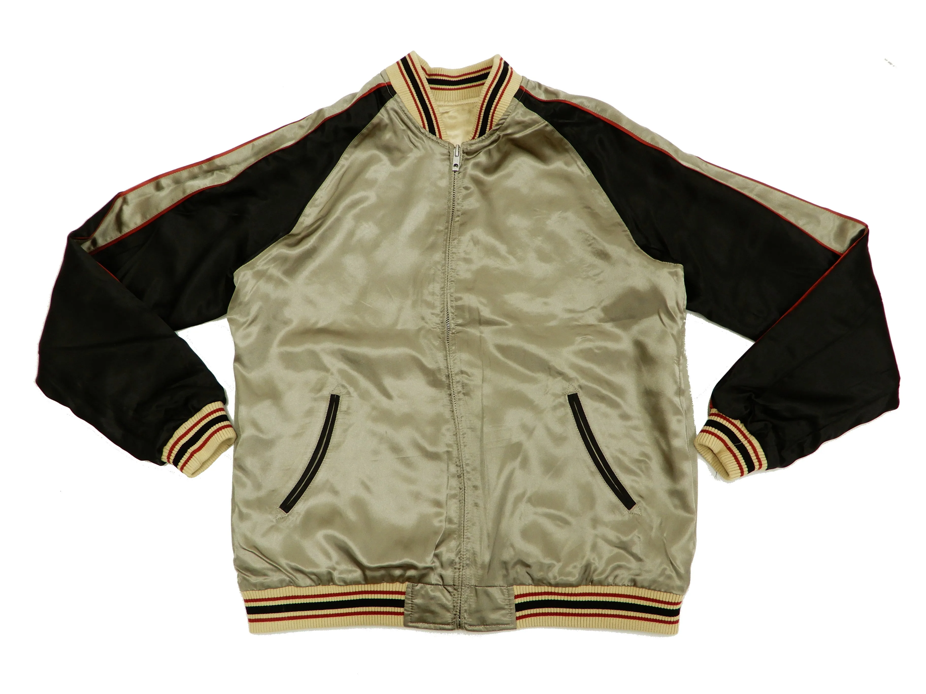 Japanesque Mens Japanese Souvenir Jacket Goldfish Bowl Sukajan 3RSJ-045 Beige/Black