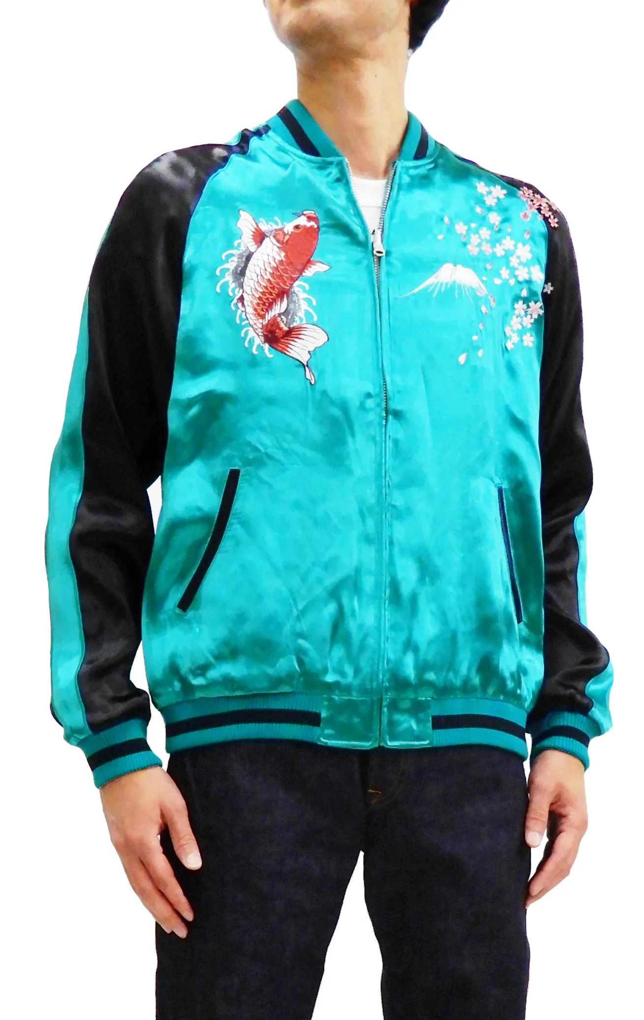 Japanesque Men's Japanese Souvenir Jacket koi fish Embroidered Sukajan 3RSJ-022 Blue-Green/Black