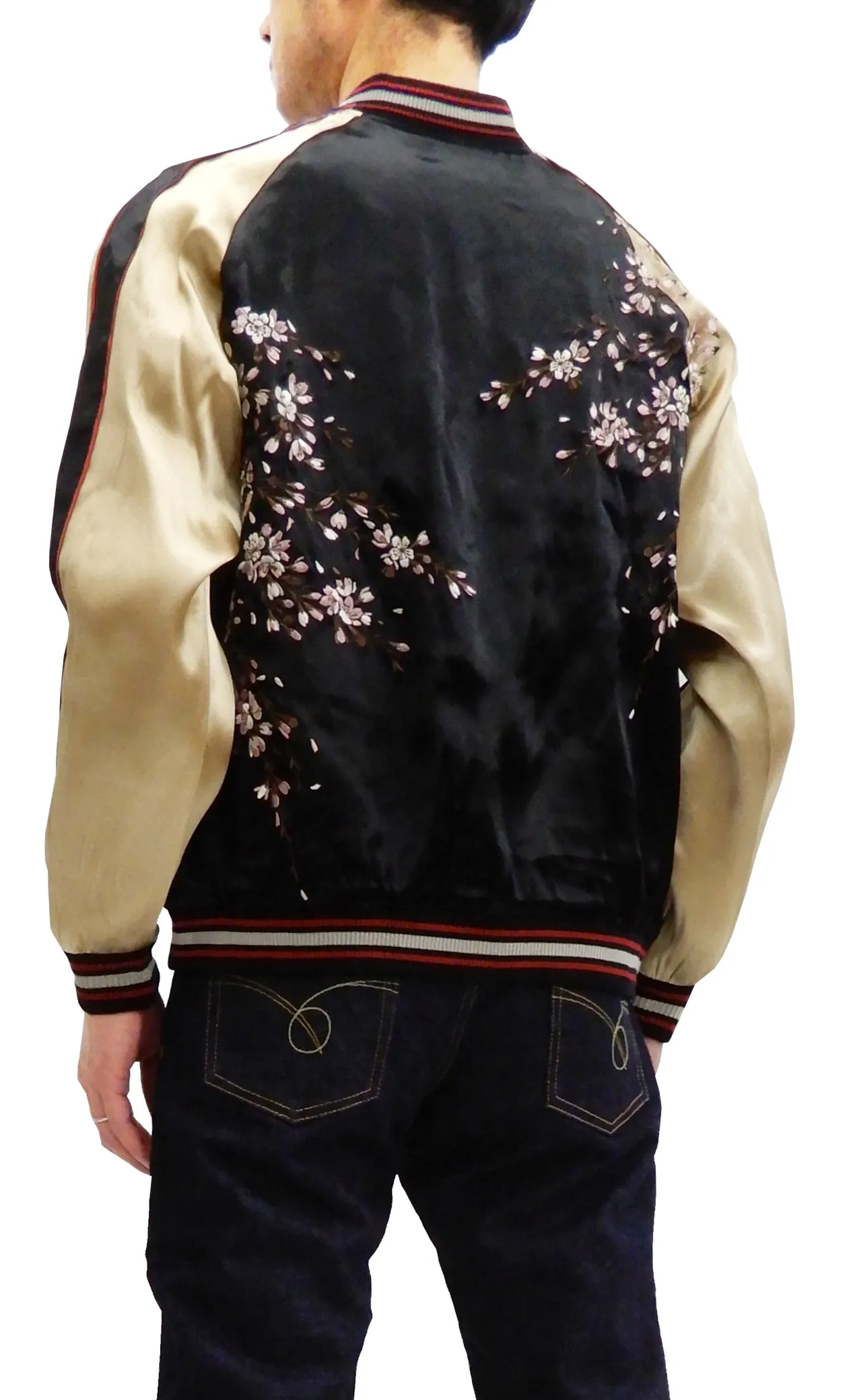 Japanesque Men's Japanese Souvenir Jacket Weeping Cherry Sukajan 3RSJ-038 Black/Beige