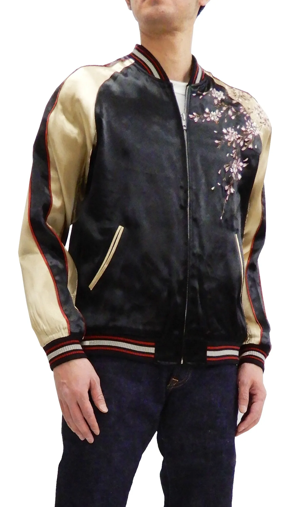 Japanesque Men's Japanese Souvenir Jacket Weeping Cherry Sukajan 3RSJ-038 Black/Beige