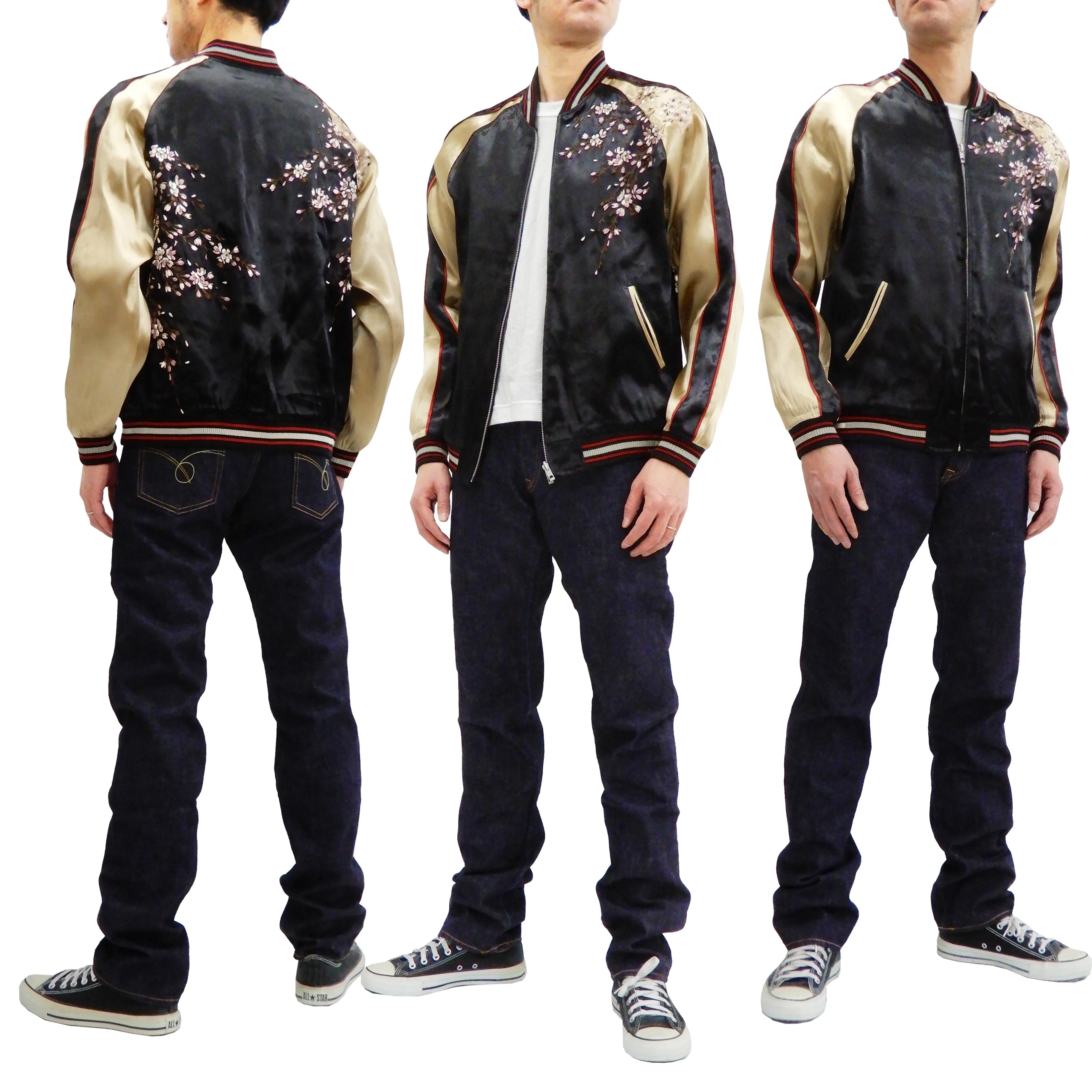Japanesque Men's Japanese Souvenir Jacket Weeping Cherry Sukajan 3RSJ-038 Black/Beige
