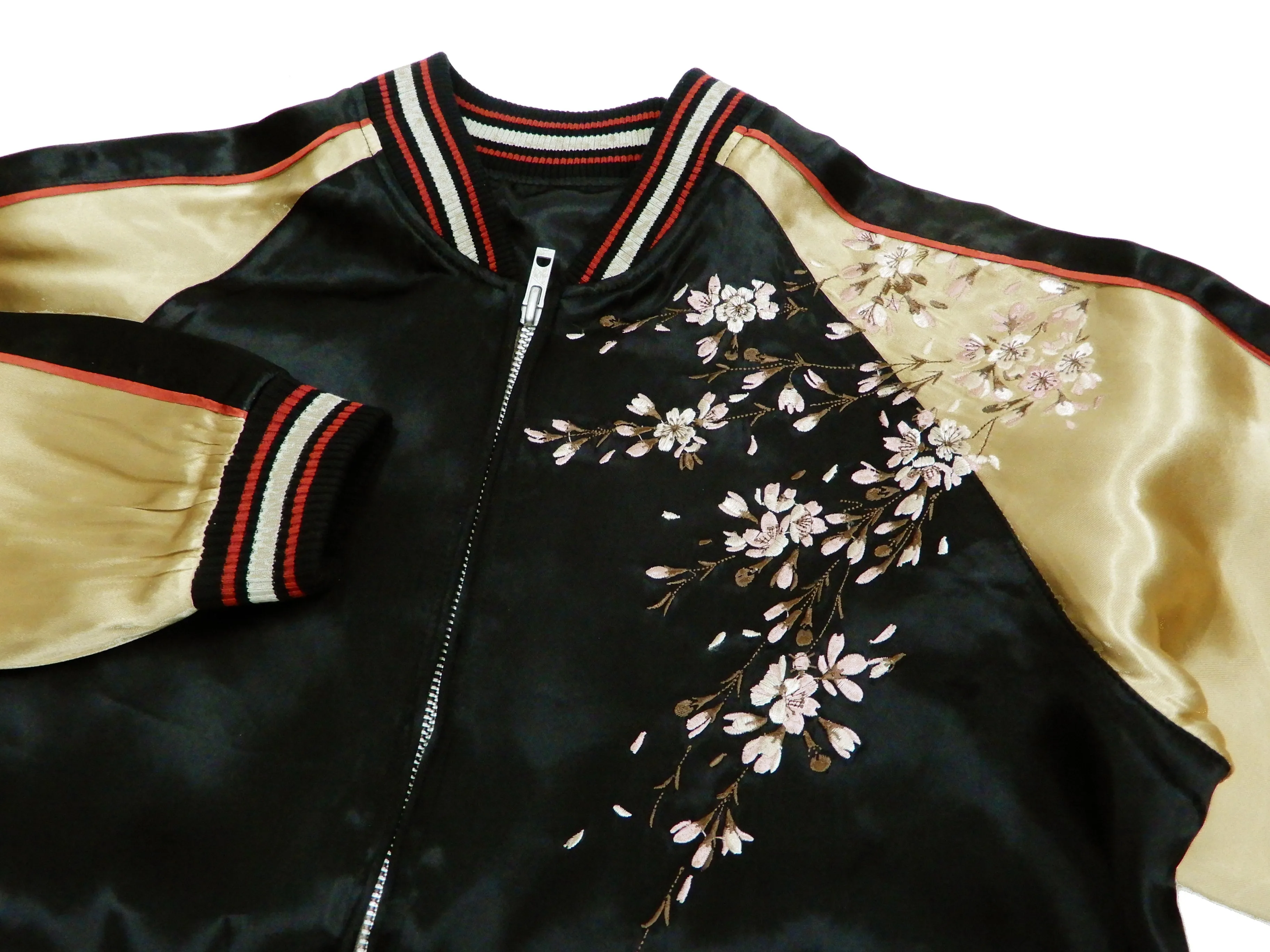 Japanesque Men's Japanese Souvenir Jacket Weeping Cherry Sukajan 3RSJ-038 Black/Beige