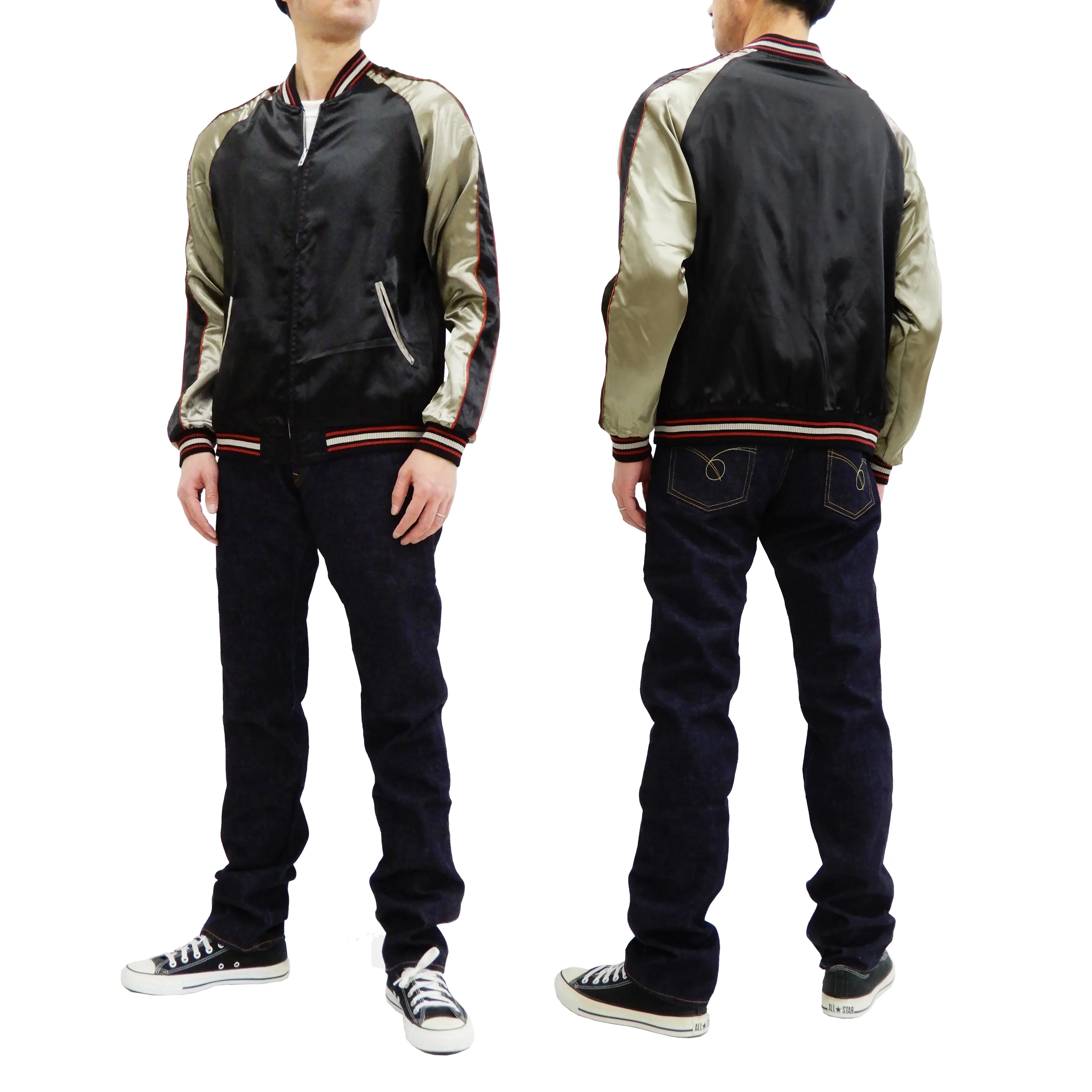 Japanesque Men's Japanese Souvenir Jacket Weeping Cherry Sukajan 3RSJ-038 Black/Beige