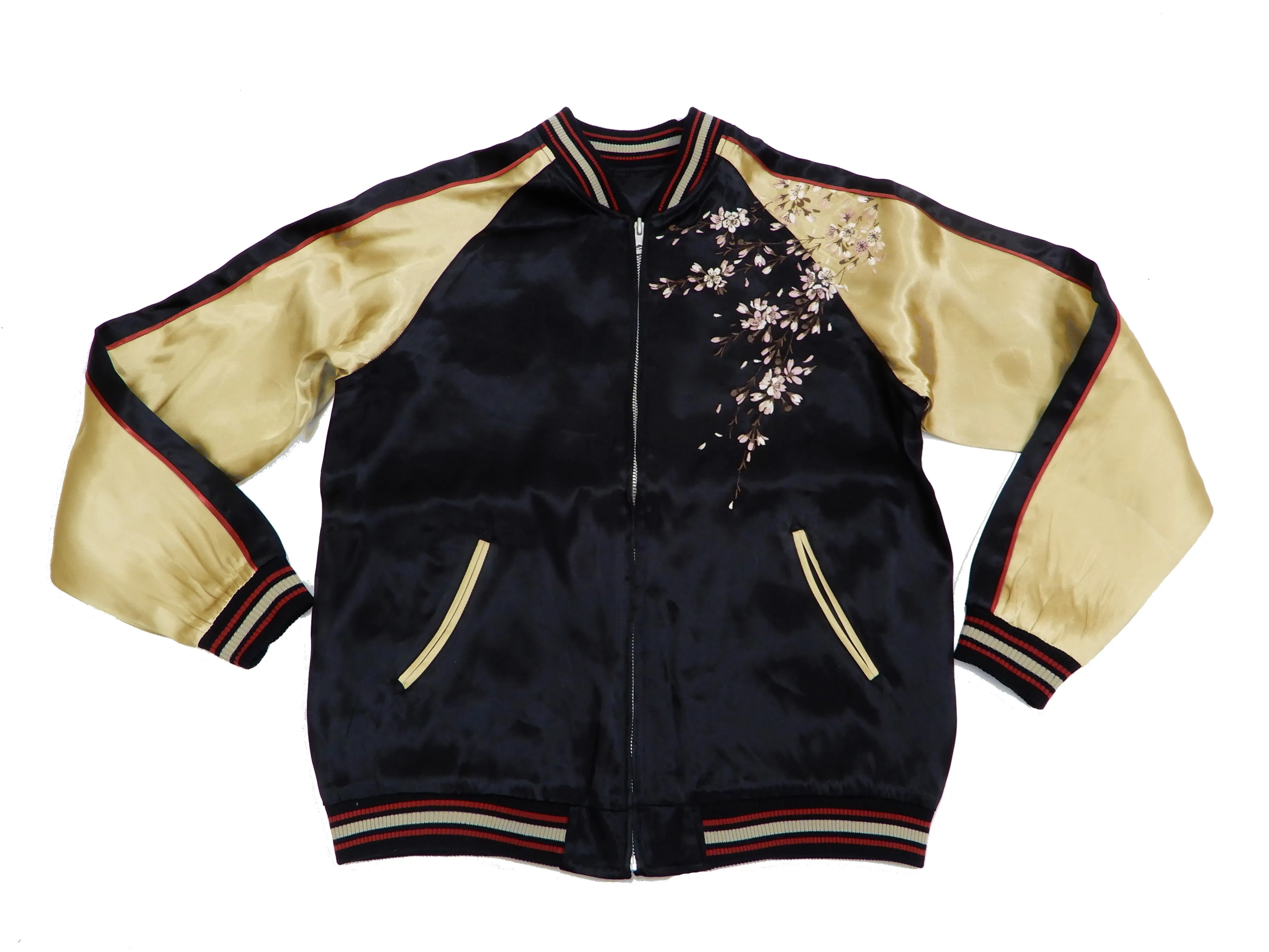 Japanesque Men's Japanese Souvenir Jacket Weeping Cherry Sukajan 3RSJ-038 Black/Beige