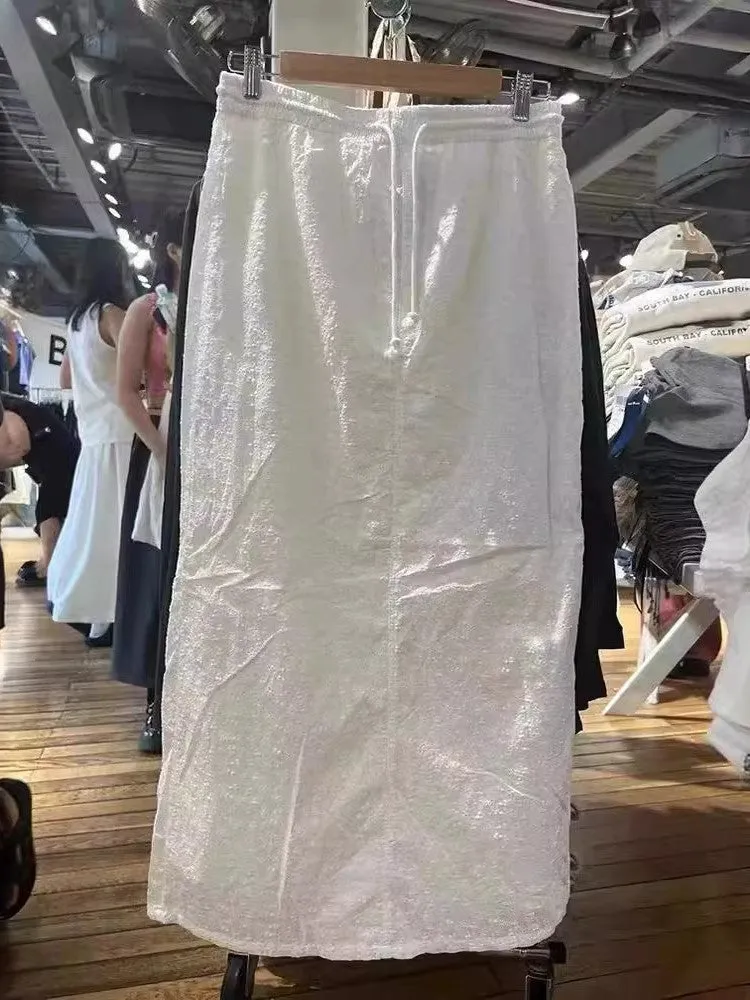 JazzHer Casual White Hook Flower Embroiderylong Skirt Cotton 2025 New Elastic High Waist Drawstring Fashion Summer Skirts Holiday Beach