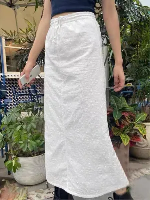 JazzHer Casual White Hook Flower Embroiderylong Skirt Cotton 2025 New Elastic High Waist Drawstring Fashion Summer Skirts Holiday Beach