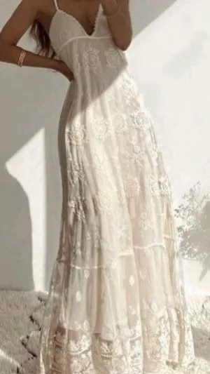 JazzHer Elegant A Line Halter Long Lace Ivory Prom Dresses Evening Dress (PRE-ORDER)