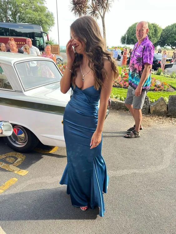 JazzHer Elegant Mermaid Halter Long Blue Satin Prom Dresses Evening Dress (PRE-ORDER)