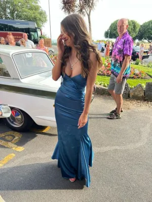 JazzHer Elegant Mermaid Halter Long Blue Satin Prom Dresses Evening Dress (PRE-ORDER)