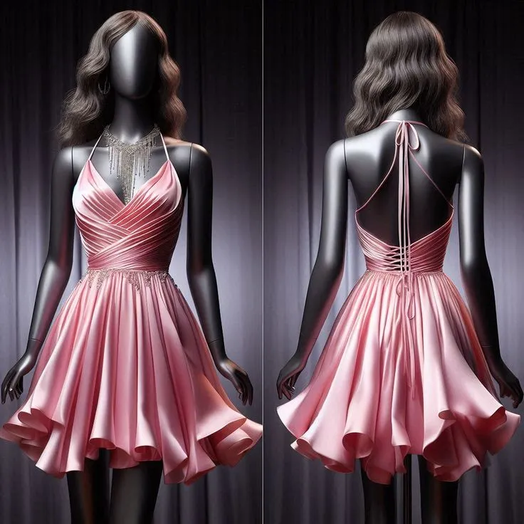 JazzHer Simple A Line Halter Pink Short Birthday Outfits Satin Homecoming Dresses (PRE-ORDER)