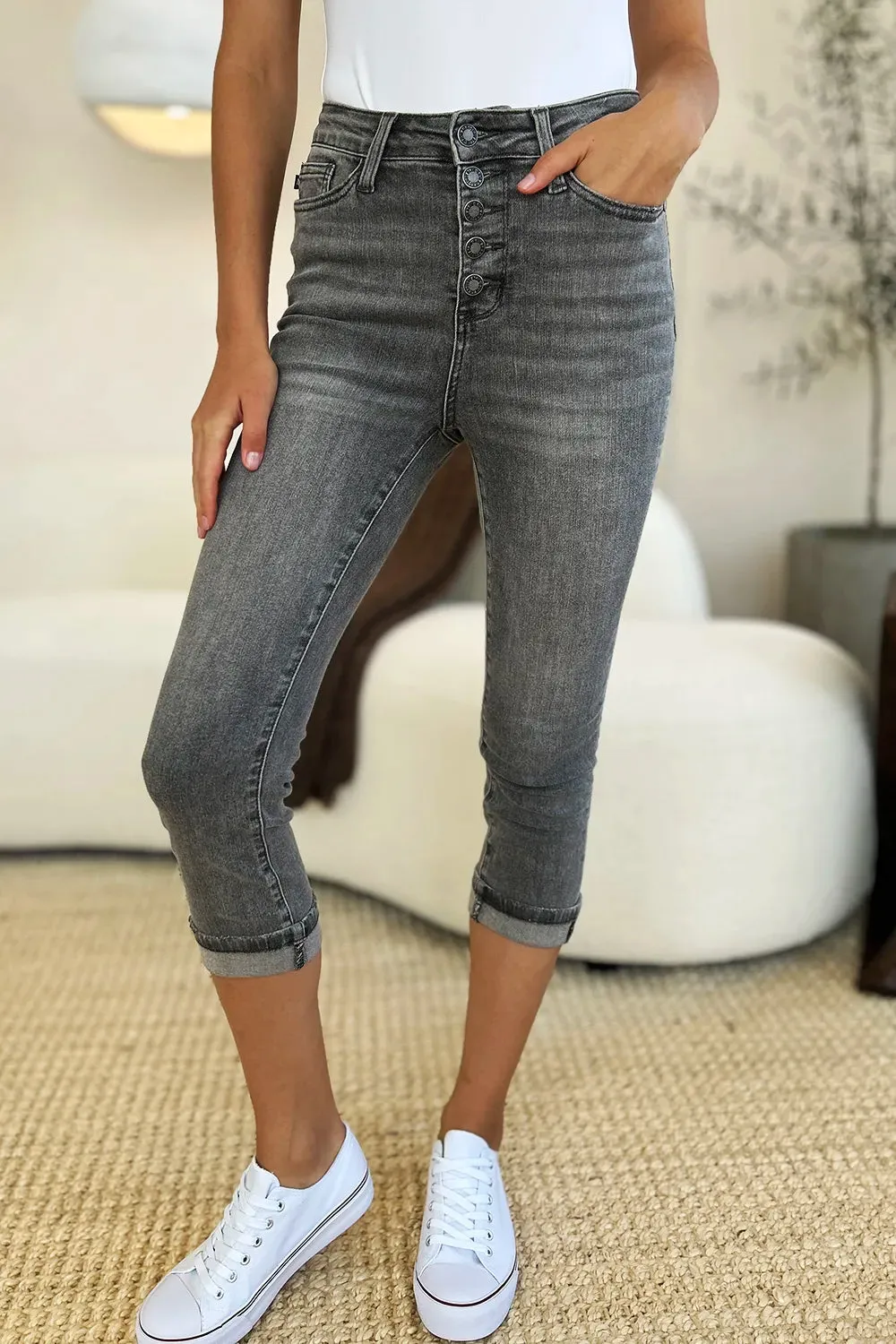 Judy Blue Letty Button Fly HW Cuffed Capris