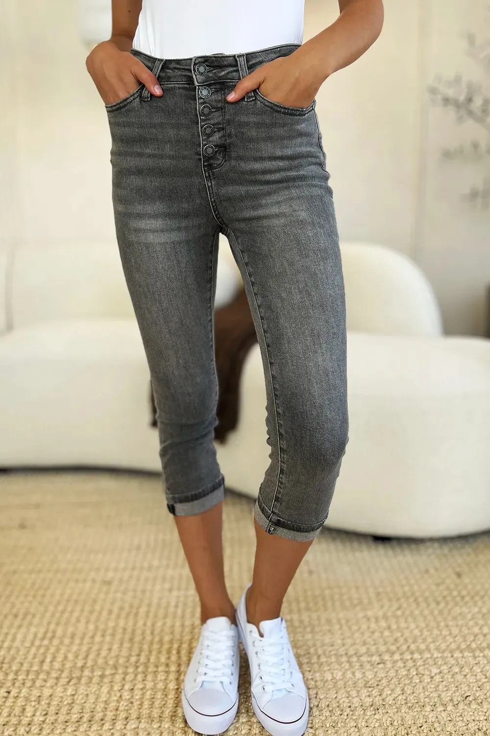 Judy Blue Letty Button Fly HW Cuffed Capris