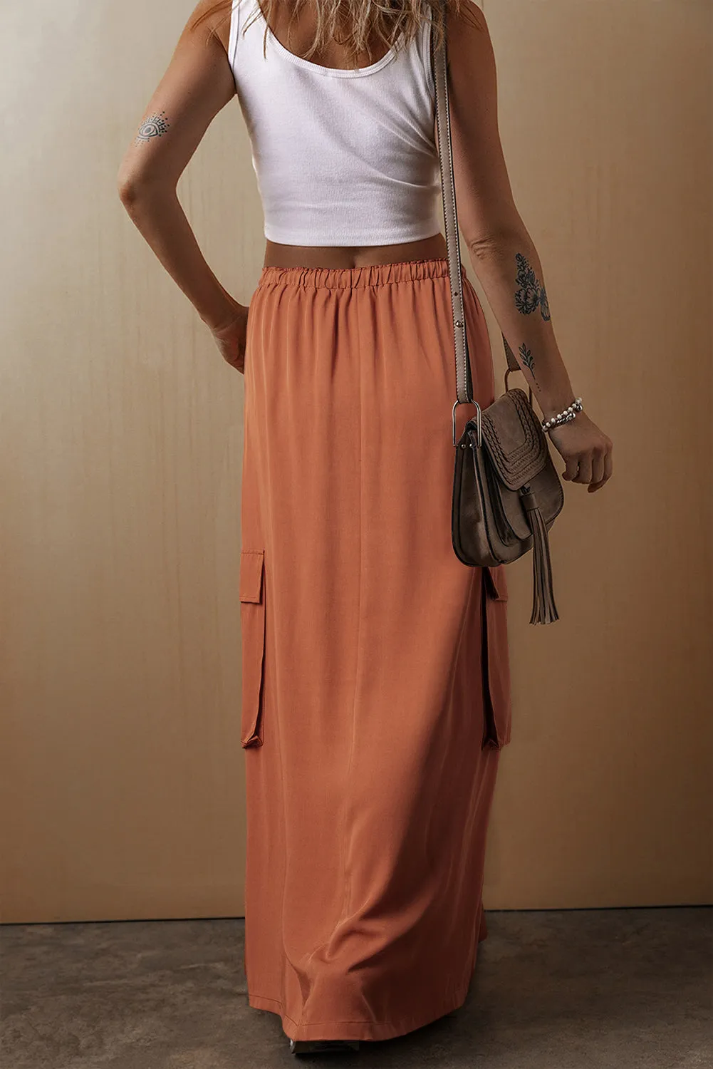KaleaBoutique Mineral Wash Cargo Pocket Drawstring Waist Maxi Skirt