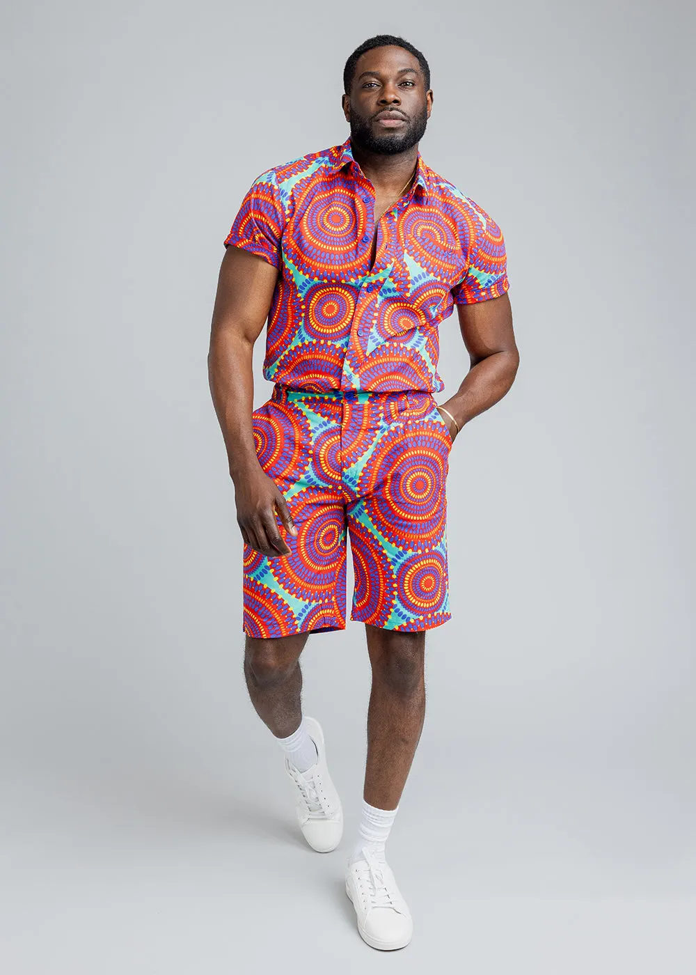 Keyon Men's African Print Button-Up Shirt (Turquoise Red Circles) - Clearance