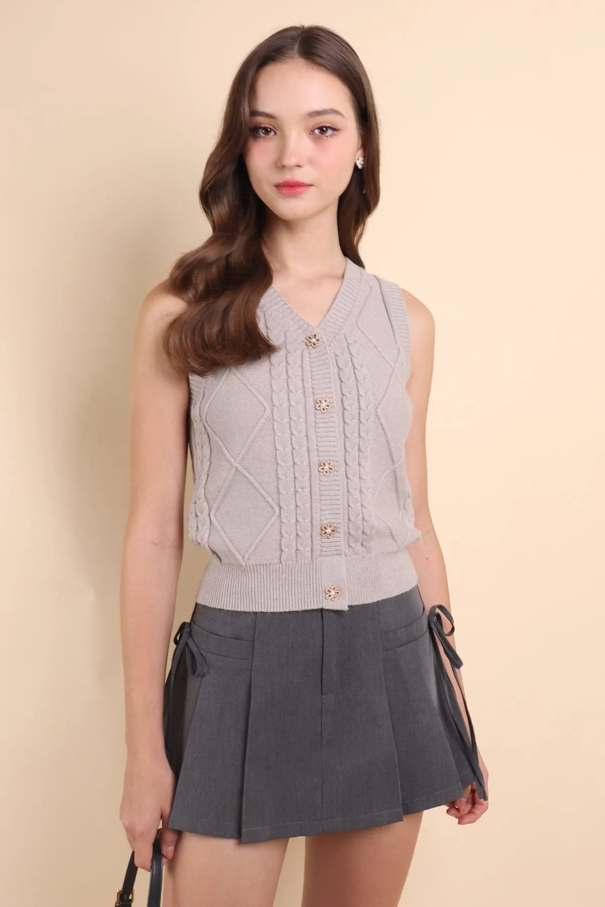 KOBY CABLE KNIT VEST TOP IN ALMOND GREY