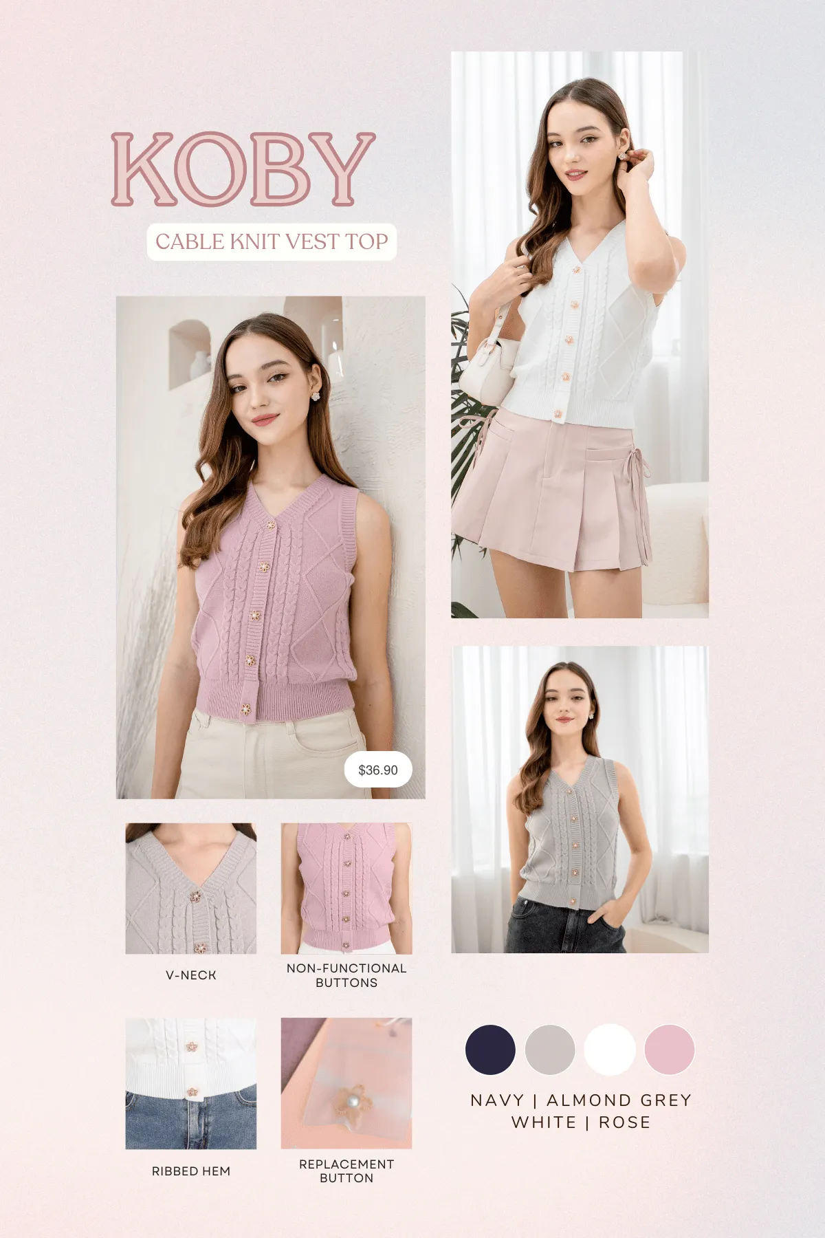 KOBY CABLE KNIT VEST TOP IN NAVY