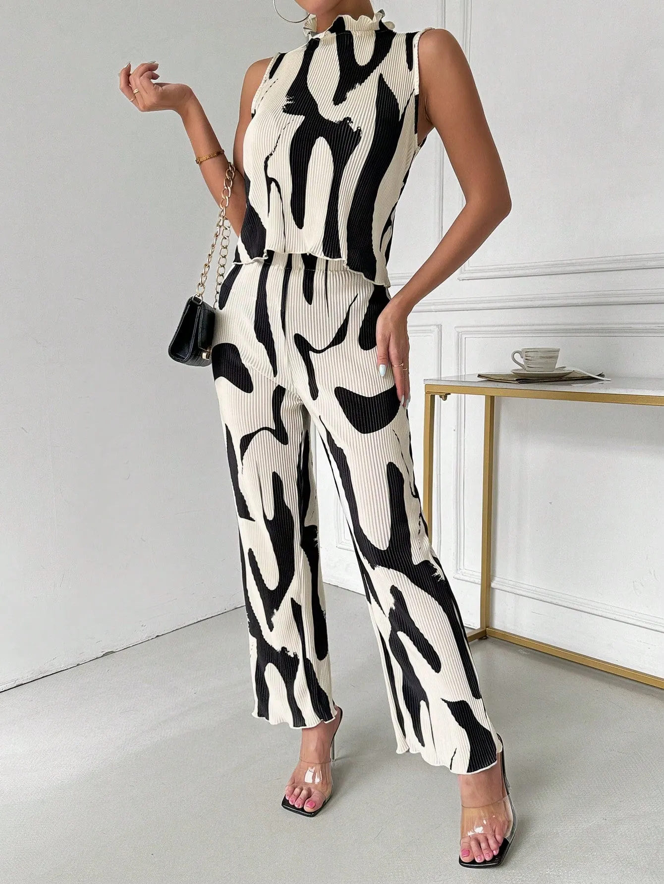 Ladies" Elegant And Sleeveless Vest With Pleated Pants Set, Random Prints
