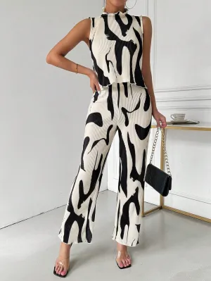 Ladies" Elegant And Sleeveless Vest With Pleated Pants Set, Random Prints