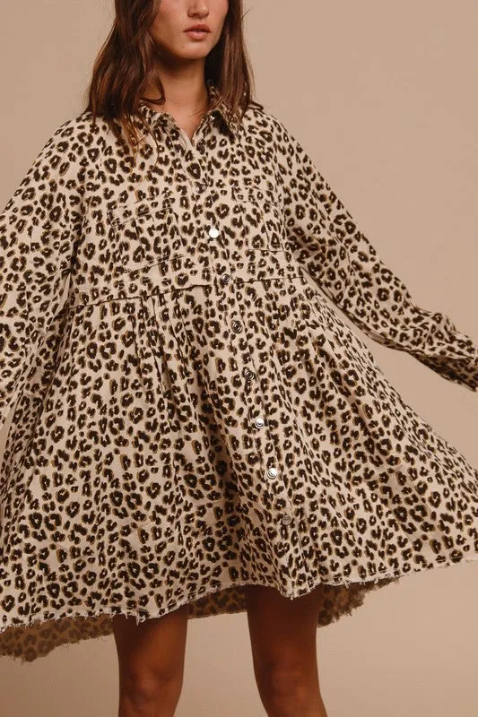 LEOPARD WASHED DENIM BUTTON DOWN DRESS