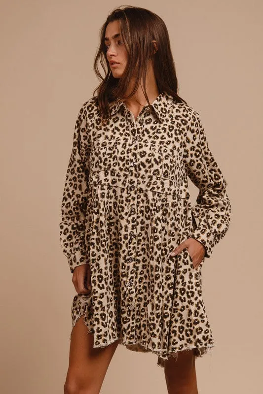 LEOPARD WASHED DENIM BUTTON DOWN DRESS