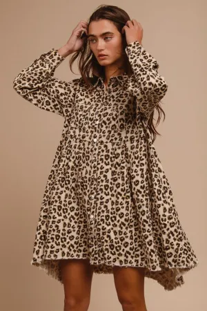 LEOPARD WASHED DENIM BUTTON DOWN DRESS