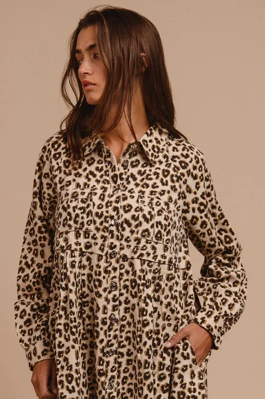 LEOPARD WASHED DENIM BUTTON DOWN DRESS