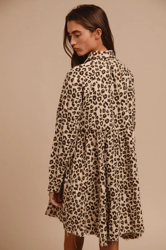 LEOPARD WASHED DENIM BUTTON DOWN DRESS