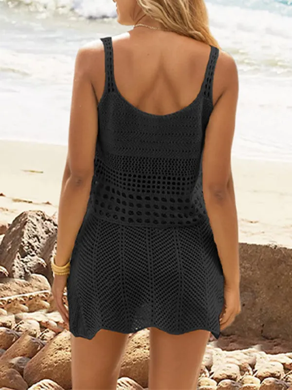 Loose Sleeveless Drawstring Hollow See-Through Solid Color Round-Neck Vest Top   Skirts Bottom Two Pieces Set