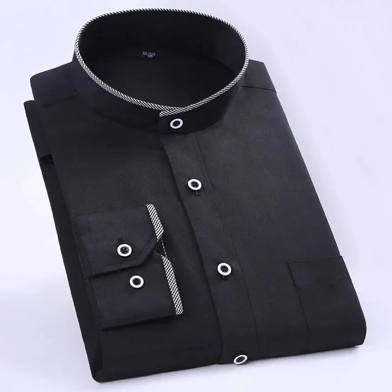Men's Regular-fit Mandarin Collar Shirt with Chest Pocket