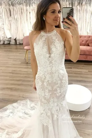 Mermaid Tulle Halter Sleeveless Lace Appliques Wedding Dresses, MW1060