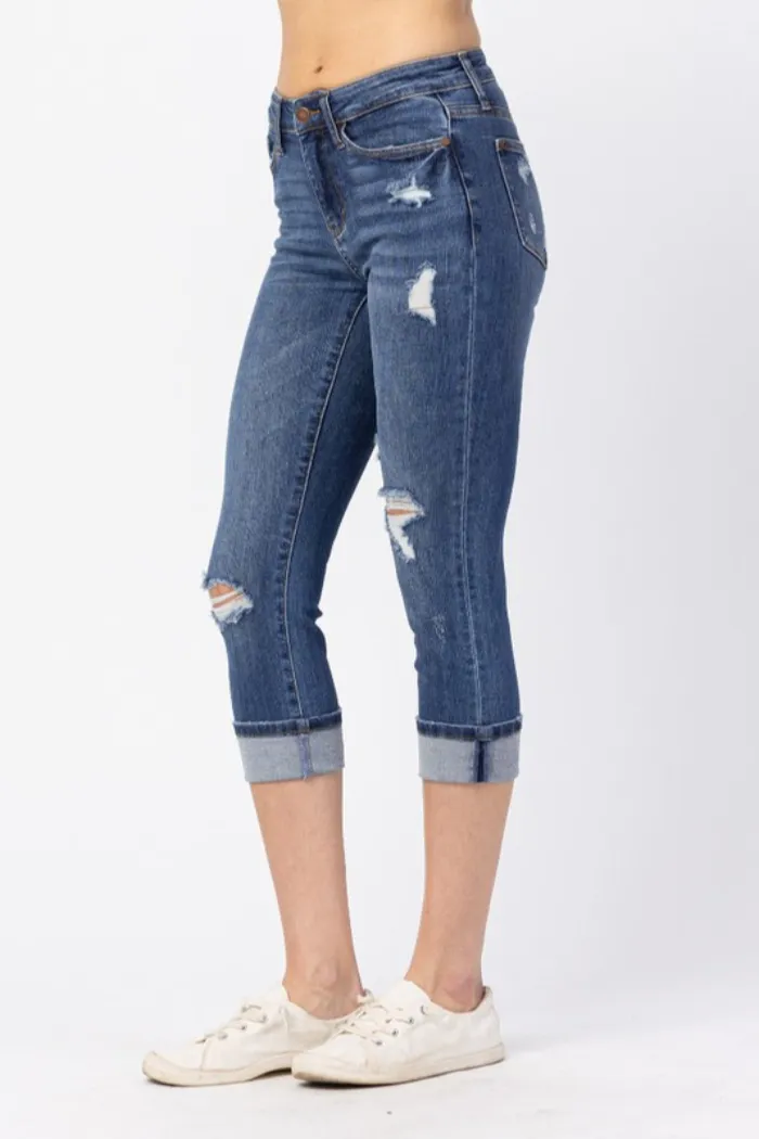 Mid Rise Cuffed Distressed Capri