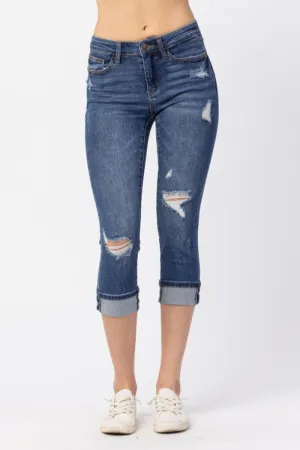 Mid Rise Cuffed Distressed Capri