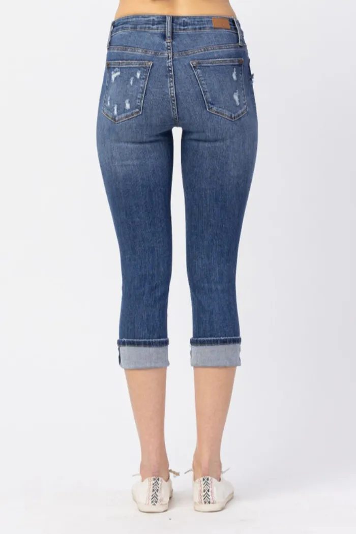 Mid Rise Cuffed Distressed Capri