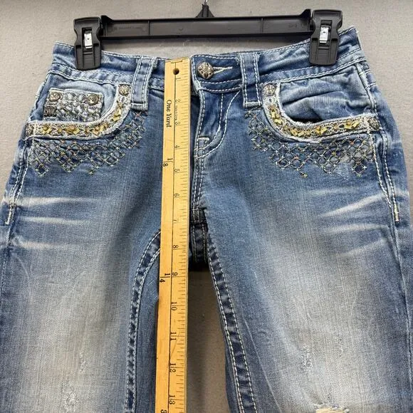 Miss Me Jeans Women's 24 (0) Light Blue Signature Cuffed Capri Embellished Bling