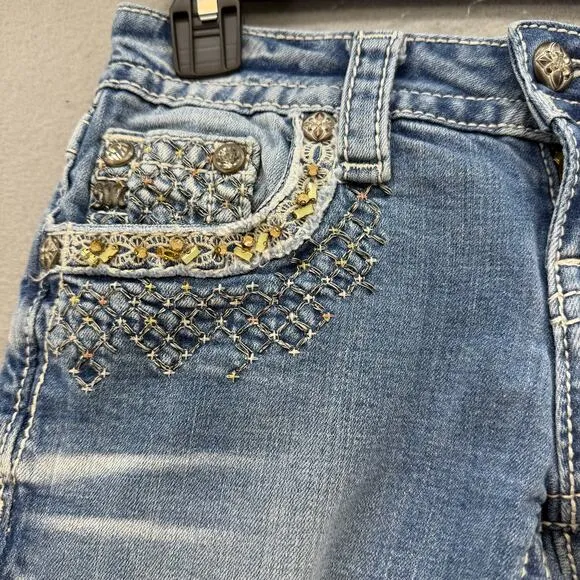 Miss Me Jeans Women's 24 (0) Light Blue Signature Cuffed Capri Embellished Bling