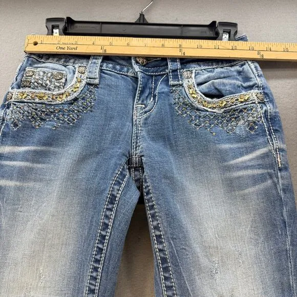 Miss Me Jeans Women's 24 (0) Light Blue Signature Cuffed Capri Embellished Bling