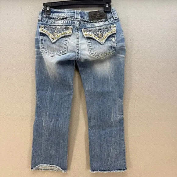 Miss Me Jeans Women's 24 (0) Light Blue Signature Cuffed Capri Embellished Bling