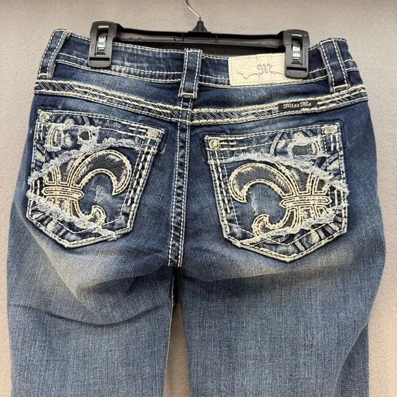 Miss Me Jeans Women's 25 Blue Mid Rise Capri Fleur de Lis Embellished Pockets