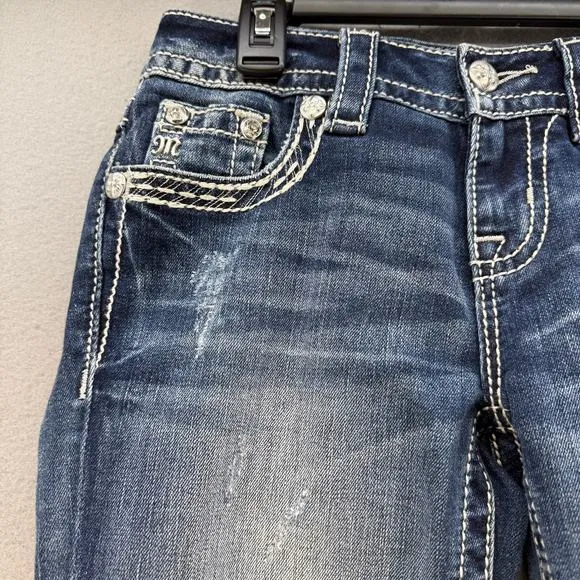 Miss Me Jeans Women's 25 Blue Mid Rise Capri Fleur de Lis Embellished Pockets