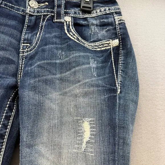 Miss Me Jeans Women's 25 Blue Mid Rise Capri Fleur de Lis Embellished Pockets
